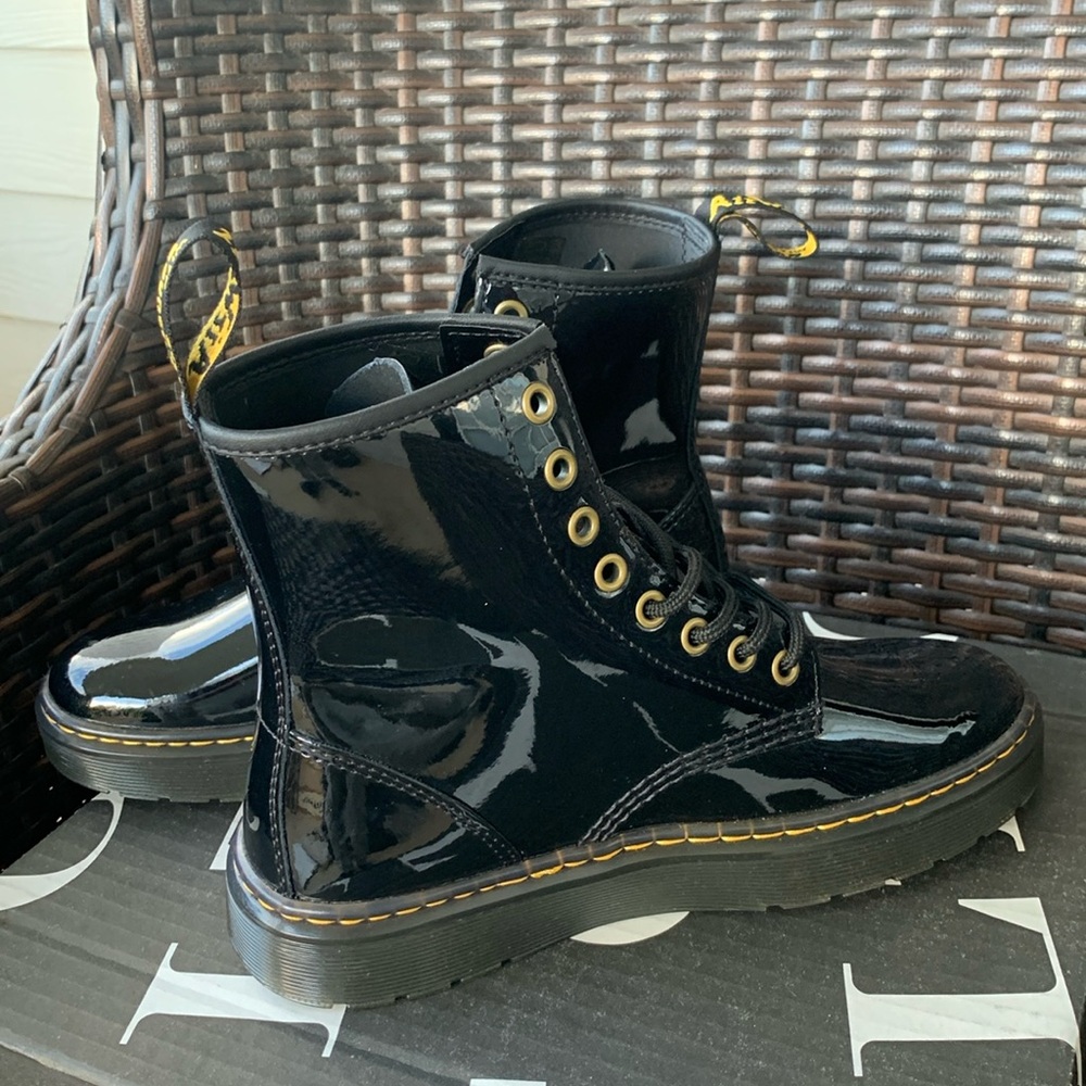 DR.MARTENS WOMENS ZAVALA COMBAT BOOT Black Patent - Picture 6 of 16